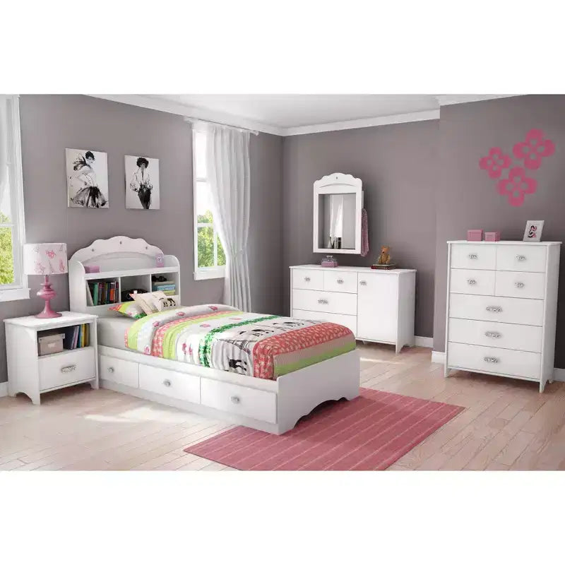 Twin Tiara Mates Kids' Bed with 3 Drawers Pure White - South Shore: Modern Twin Bed Frame, Storage, Unupholstered
