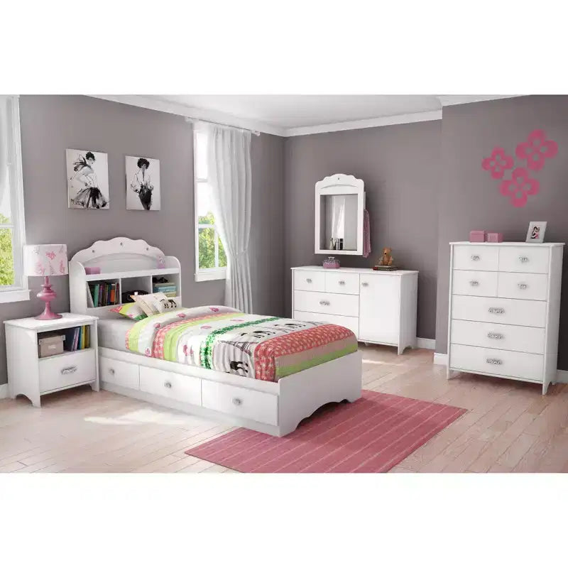 Twin Tiara Mates Kids' Bed with 3 Drawers Pure White - South Shore: Modern Twin Bed Frame, Storage, Unupholstered