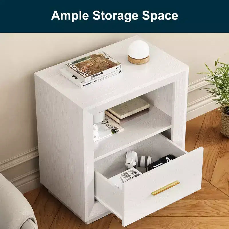 Heynemo Nightstand with Charging Station: Bedside Table with Spacious Drawer, 2 Outlets USB Type-C, Drawer Storage Cabinet for Bedroom Dorm