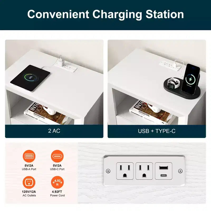 Heynemo Nightstand with Charging Station: Bedside Table with Spacious Drawer, 2 Outlets USB Type-C, Drawer Storage Cabinet for Bedroom Dorm