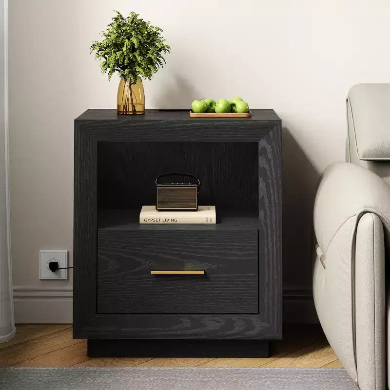 Heynemo Nightstand with Charging Station: Bedside Table with Spacious Drawer, 2 Outlets USB Type-C, Drawer Storage Cabinet for Bedroom Dorm