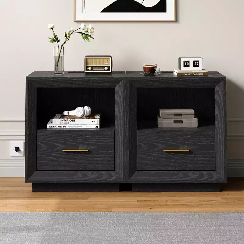 Heynemo Nightstand with Charging Station: Bedside Table with Spacious Drawer, 2 Outlets USB Type-C, Drawer Storage Cabinet for Bedroom Dorm
