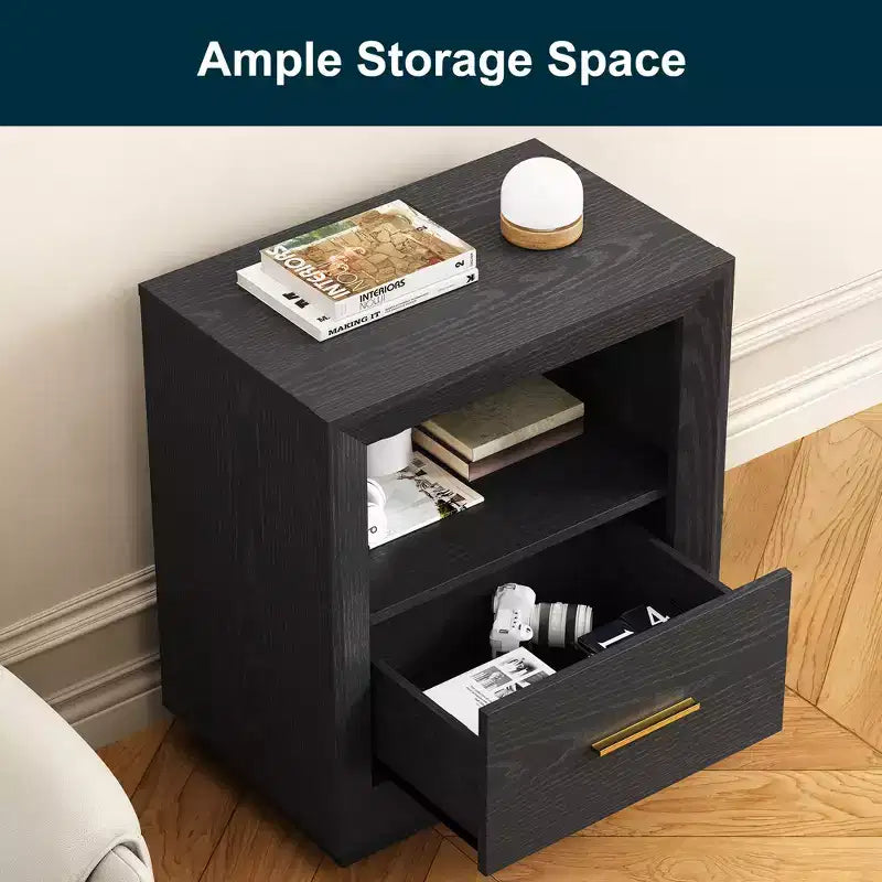Heynemo Nightstand with Charging Station: Bedside Table with Spacious Drawer, 2 Outlets USB Type-C, Drawer Storage Cabinet for Bedroom Dorm