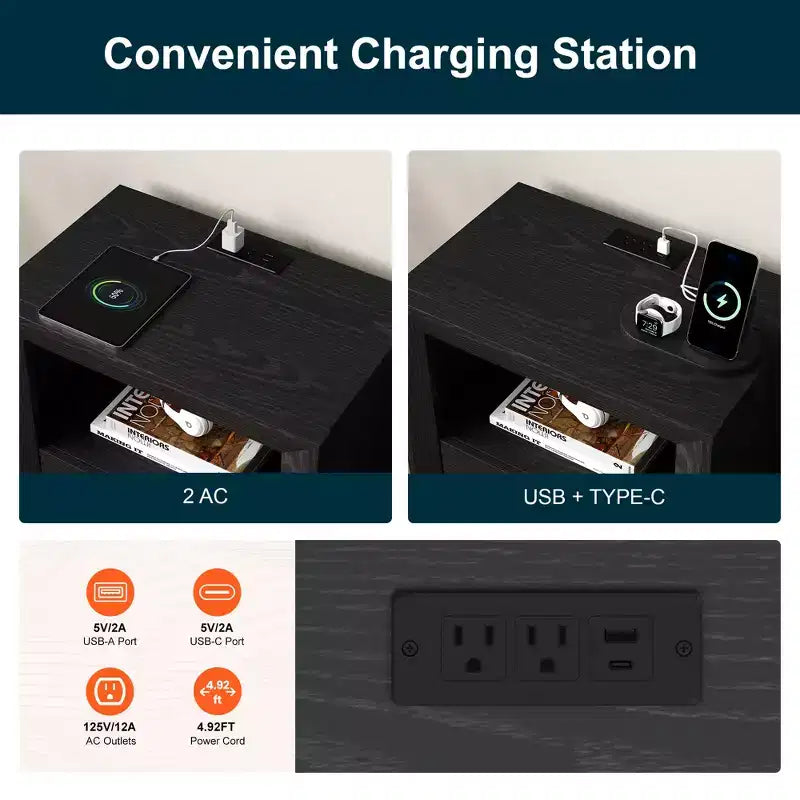 Heynemo Nightstand with Charging Station: Bedside Table with Spacious Drawer, 2 Outlets USB Type-C, Drawer Storage Cabinet for Bedroom Dorm
