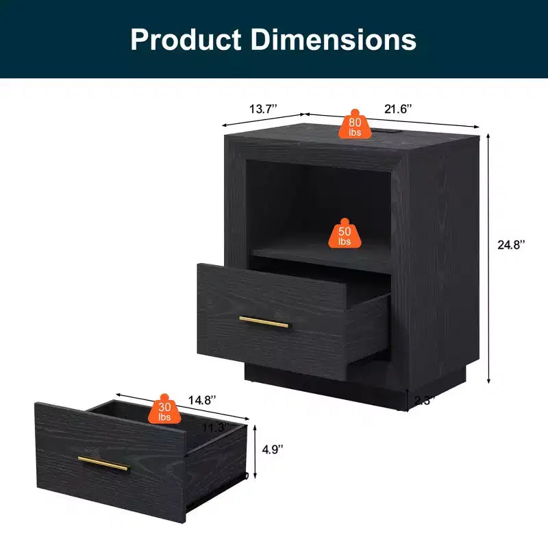 Heynemo Nightstand with Charging Station: Bedside Table with Spacious Drawer, 2 Outlets USB Type-C, Drawer Storage Cabinet for Bedroom Dorm