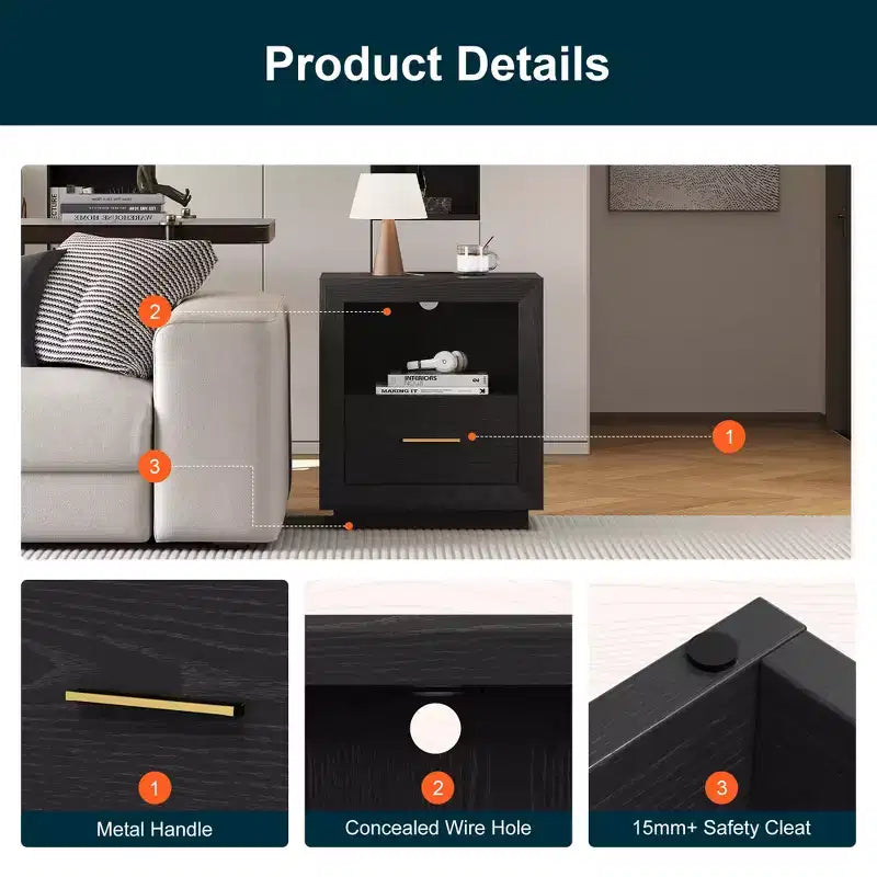 Heynemo Nightstand with Charging Station: Bedside Table with Spacious Drawer, 2 Outlets USB Type-C, Drawer Storage Cabinet for Bedroom Dorm