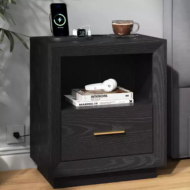 Heynemo Nightstand with Charging Station: Bedside Table with Spacious Drawer, 2 Outlets USB Type-C, Drawer Storage Cabinet for Bedroom Dorm