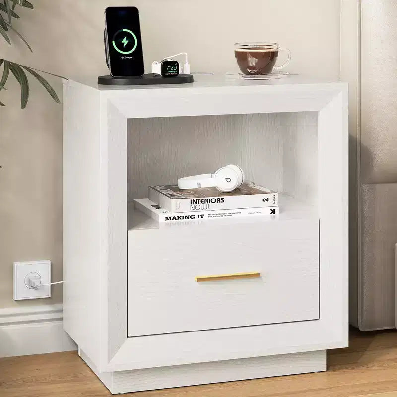 Heynemo Nightstand with Charging Station: Bedside Table with Spacious Drawer, 2 Outlets USB Type-C, Drawer Storage Cabinet for Bedroom Dorm