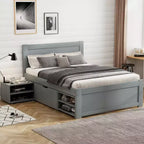 Platform Bed with Drawer and 2 Shelves, Solid Wood Captain's Bed Frame for Kids Boys Girls Bedroom