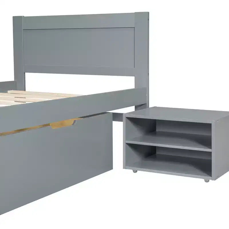 Platform Bed with Drawer and 2 Shelves, Solid Wood Captain's Bed Frame for Kids Boys Girls Bedroom