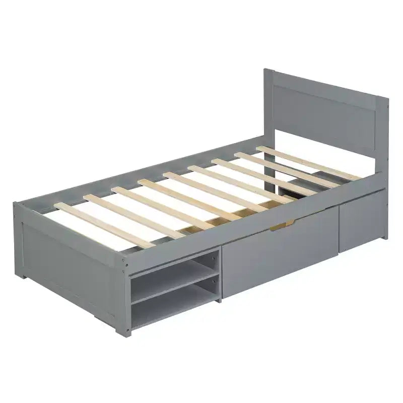 Platform Bed with Drawer and 2 Shelves, Solid Wood Captain's Bed Frame for Kids Boys Girls Bedroom