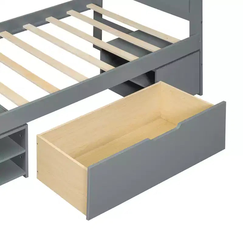 Platform Bed with Drawer and 2 Shelves, Solid Wood Captain's Bed Frame for Kids Boys Girls Bedroom
