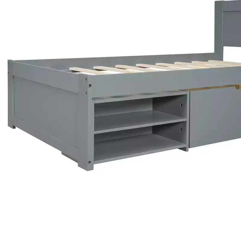 Platform Bed with Drawer and 2 Shelves, Solid Wood Captain's Bed Frame for Kids Boys Girls Bedroom