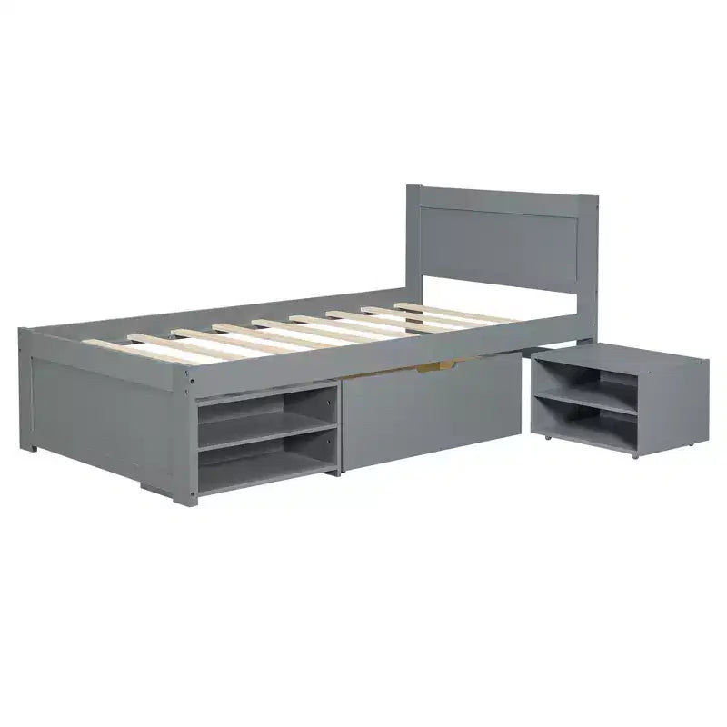 Platform Bed with Drawer and 2 Shelves, Solid Wood Captain's Bed Frame for Kids Boys Girls Bedroom