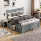 Platform Bed with Drawer and 2 Shelves, Solid Wood Captain's Bed Frame for Kids Boys Girls Bedroom