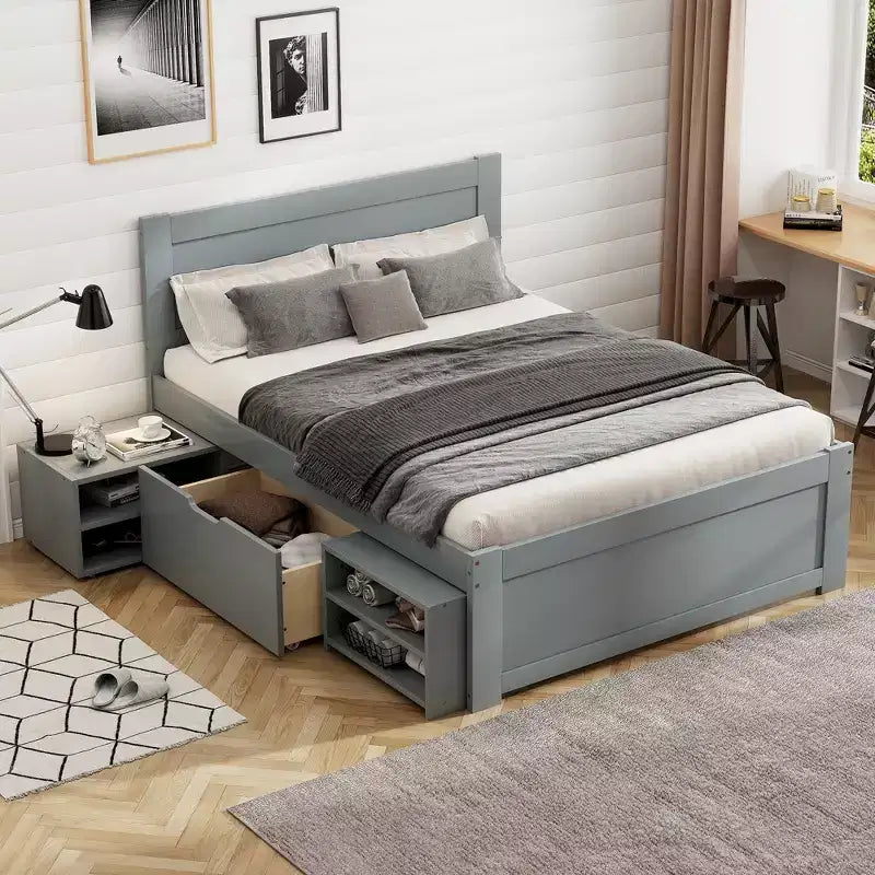 Platform Bed with Drawer and 2 Shelves, Solid Wood Captain's Bed Frame for Kids Boys Girls Bedroom