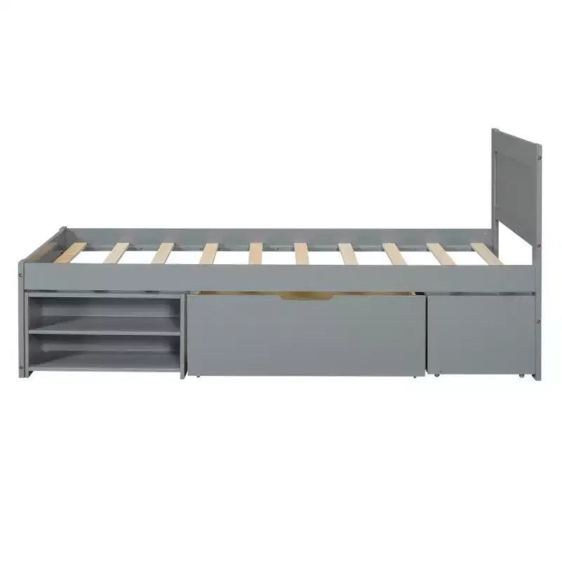 Platform Bed with Drawer and 2 Shelves, Solid Wood Captain's Bed Frame for Kids Boys Girls Bedroom