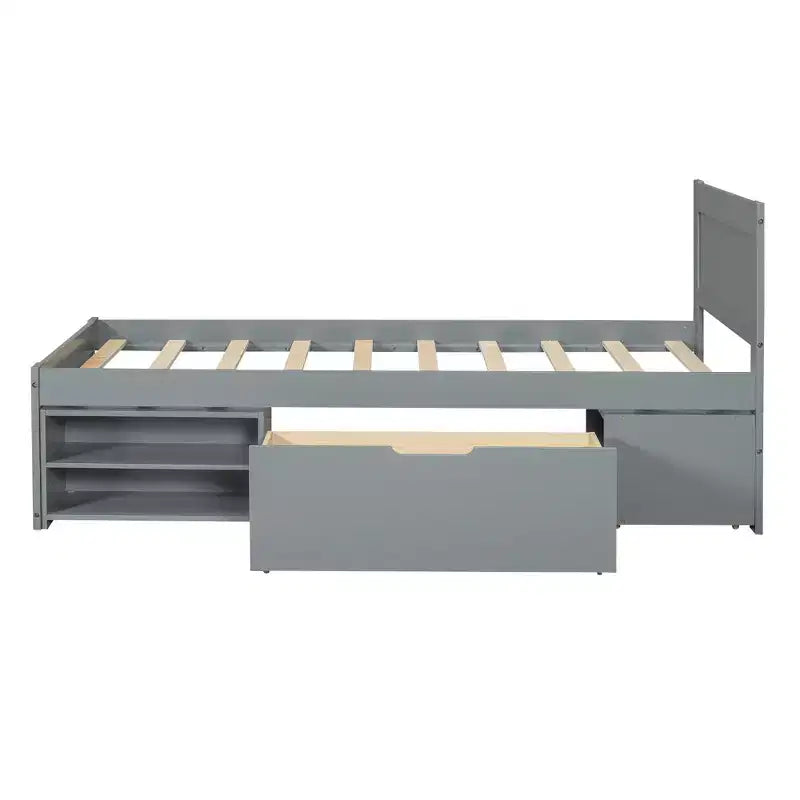 Platform Bed with Drawer and 2 Shelves, Solid Wood Captain's Bed Frame for Kids Boys Girls Bedroom