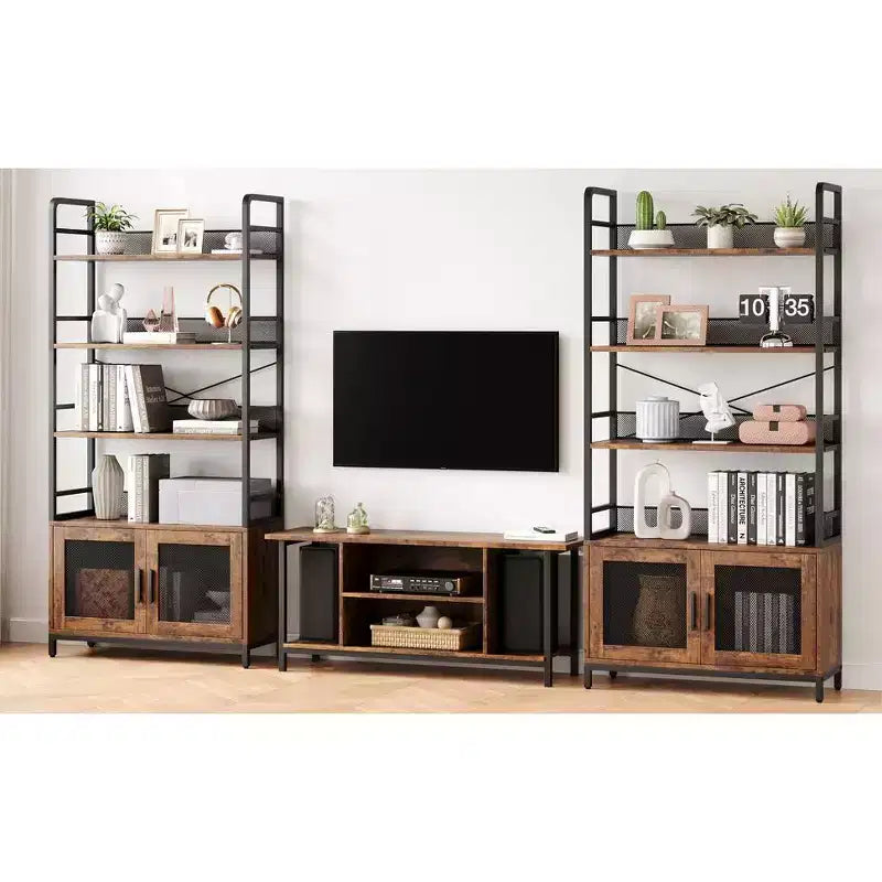 Bookshelf with Doors Industrial Bookcase Open Storage Shelf 70.87 Tall Bookshelves Rustic Display Rack Cabinet for Bedroom, Living Room.