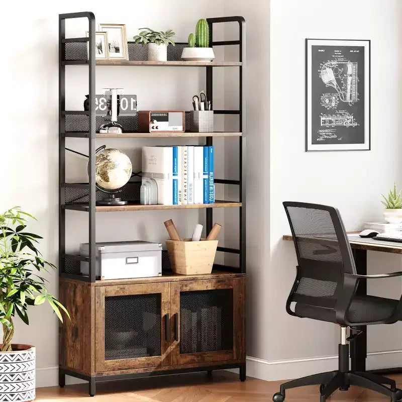 Bookshelf with Doors Industrial Bookcase Open Storage Shelf 70.87 Tall Bookshelves Rustic Display Rack Cabinet for Bedroom, Living Room.