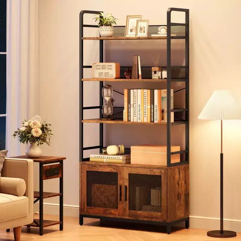Bookshelf with Doors Industrial Bookcase Open Storage Shelf 70.87 Tall Bookshelves Rustic Display Rack Cabinet for Bedroom, Living Room.