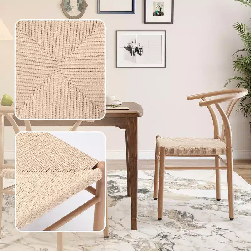 MAYEERTY Set of 2 Walnut Wood Rattan Dining Chairs, Comfortable Woven Seat, Fully Assembled