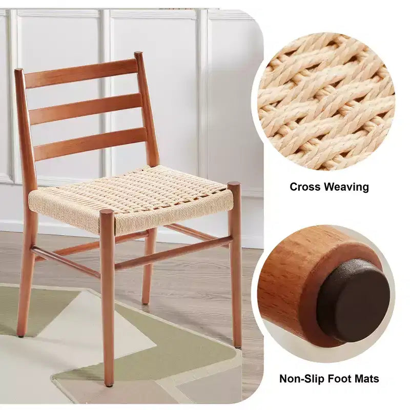 MAYEERTY Set of 2 Walnut Wood Rattan Dining Chairs, Comfortable Woven Seat, Fully Assembled