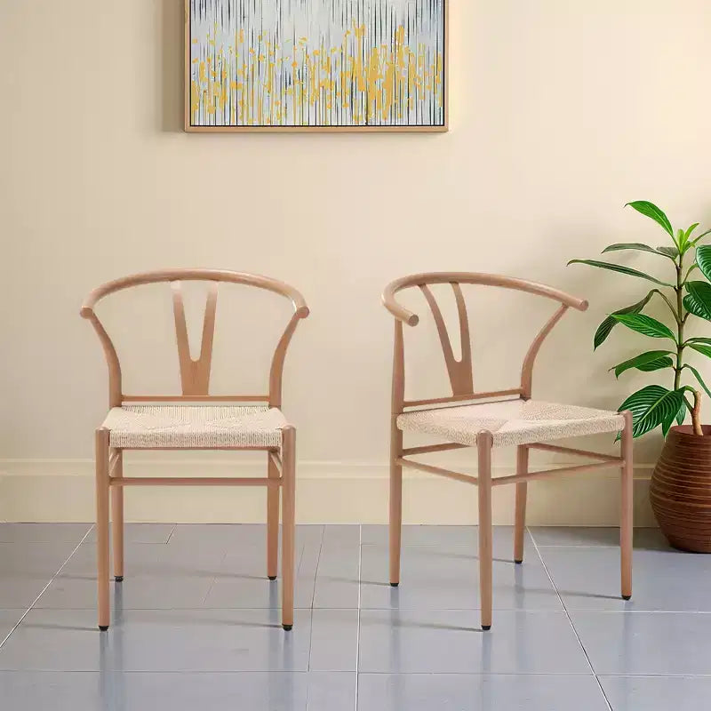 MAYEERTY Set of 2 Walnut Wood Rattan Dining Chairs, Comfortable Woven Seat, Fully Assembled