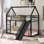 Bellemave Twin over Twin Bunk Bed with Slide & Ladder, Black Metal House-Style Bed for Kids, Safe & Sturdy Playhouse Loft Bed