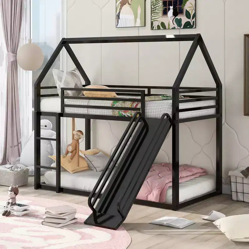 Bellemave Twin over Twin Bunk Bed with Slide & Ladder, Black Metal House-Style Bed for Kids, Safe & Sturdy Playhouse Loft Bed