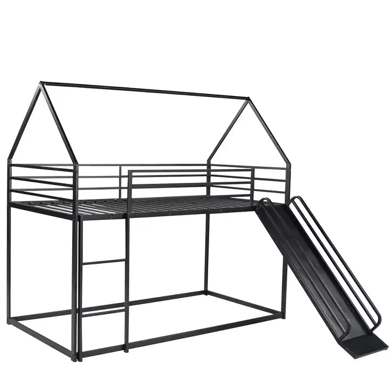 Bellemave Twin over Twin Bunk Bed with Slide & Ladder, Black Metal House-Style Bed for Kids, Safe & Sturdy Playhouse Loft Bed