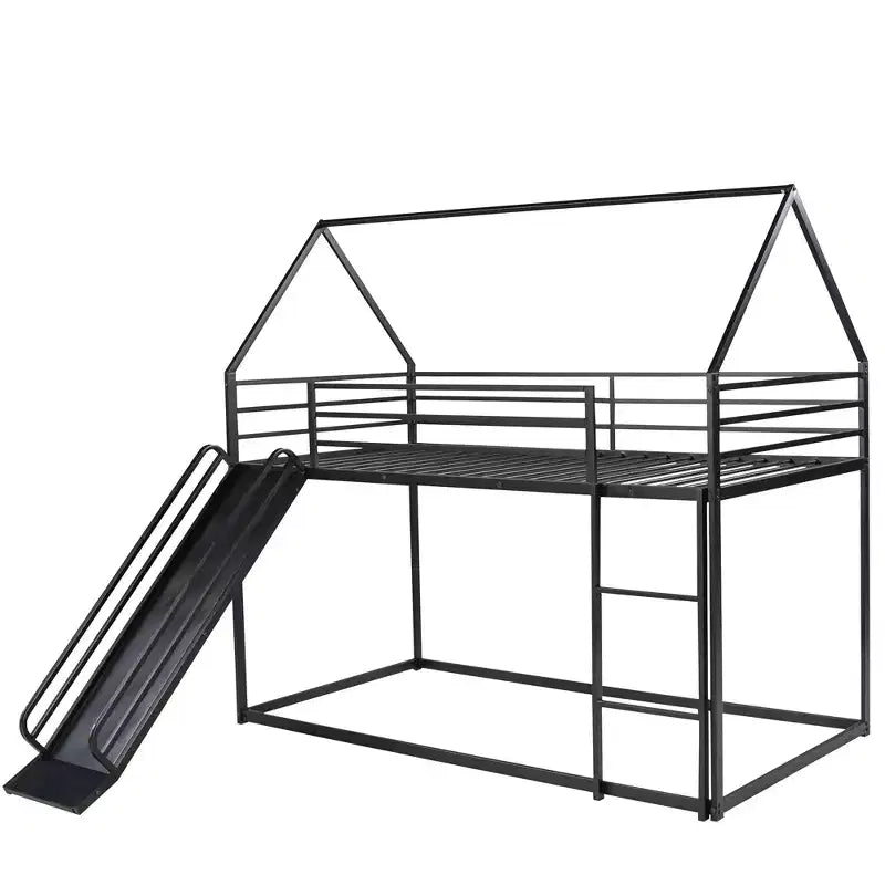 Bellemave Twin over Twin Bunk Bed with Slide & Ladder, Black Metal House-Style Bed for Kids, Safe & Sturdy Playhouse Loft Bed