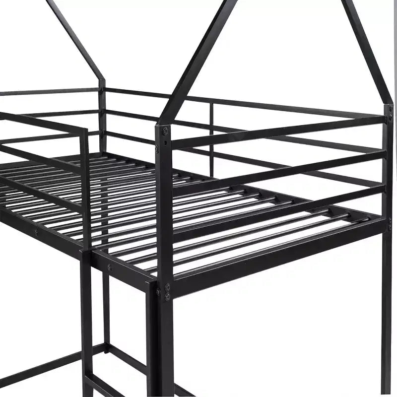 Bellemave Twin over Twin Bunk Bed with Slide & Ladder, Black Metal House-Style Bed for Kids, Safe & Sturdy Playhouse Loft Bed