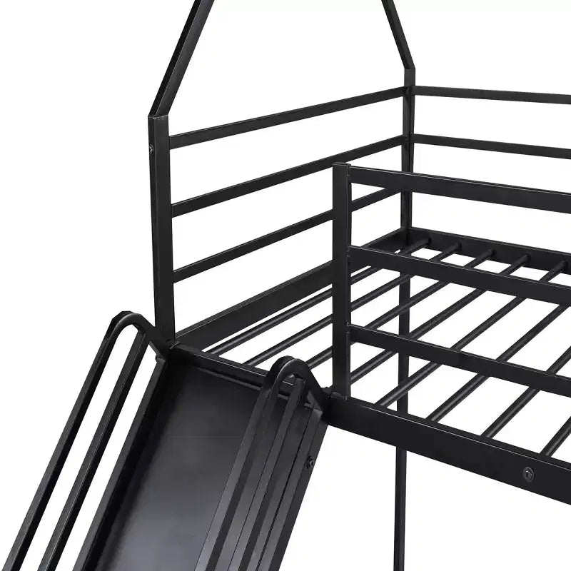 Bellemave Twin over Twin Bunk Bed with Slide & Ladder, Black Metal House-Style Bed for Kids, Safe & Sturdy Playhouse Loft Bed