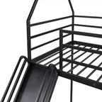 Bellemave Twin over Twin Bunk Bed with Slide & Ladder, Black Metal House-Style Bed for Kids, Safe & Sturdy Playhouse Loft Bed