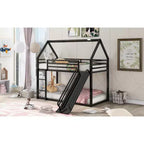 Bellemave Twin over Twin Bunk Bed with Slide & Ladder, Black Metal House-Style Bed for Kids, Safe & Sturdy Playhouse Loft Bed