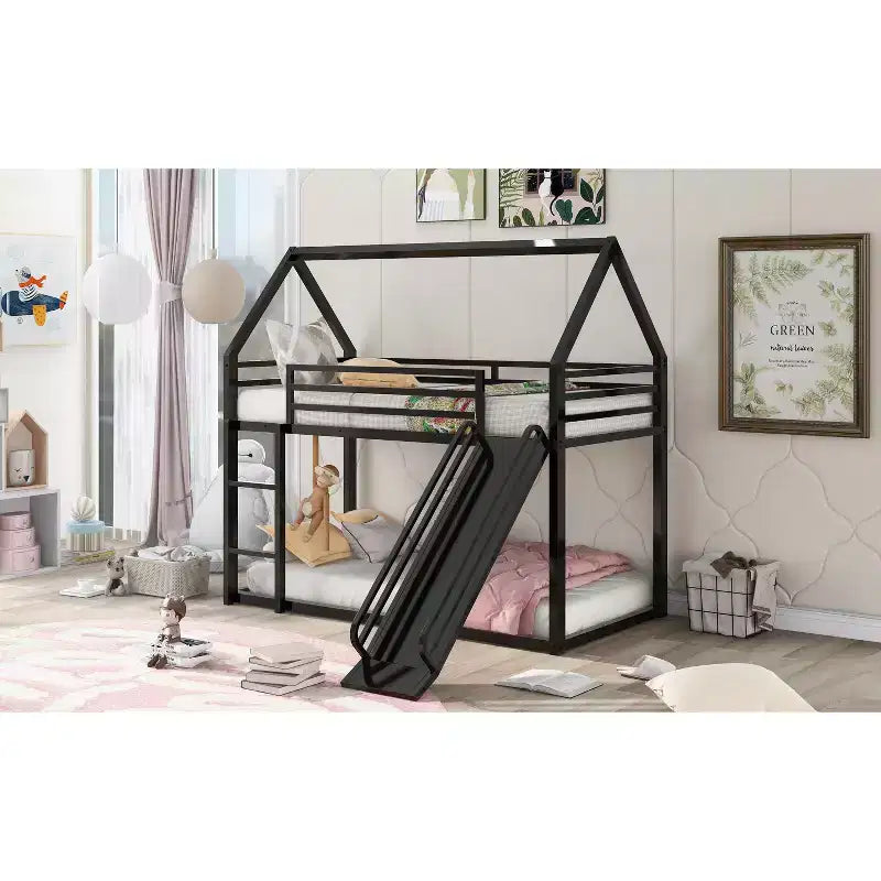 Bellemave Twin over Twin Bunk Bed with Slide & Ladder, Black Metal House-Style Bed for Kids, Safe & Sturdy Playhouse Loft Bed