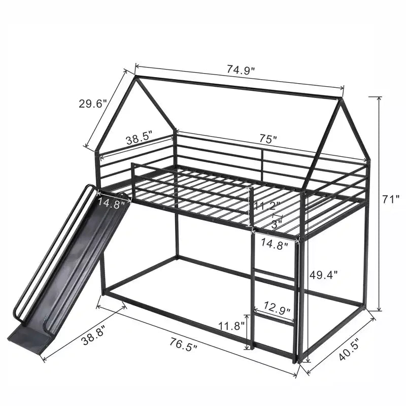 Bellemave Twin over Twin Bunk Bed with Slide & Ladder, Black Metal House-Style Bed for Kids, Safe & Sturdy Playhouse Loft Bed