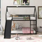Bellemave Twin over Twin Bunk Bed with Slide & Ladder, Black Metal House-Style Bed for Kids, Safe & Sturdy Playhouse Loft Bed