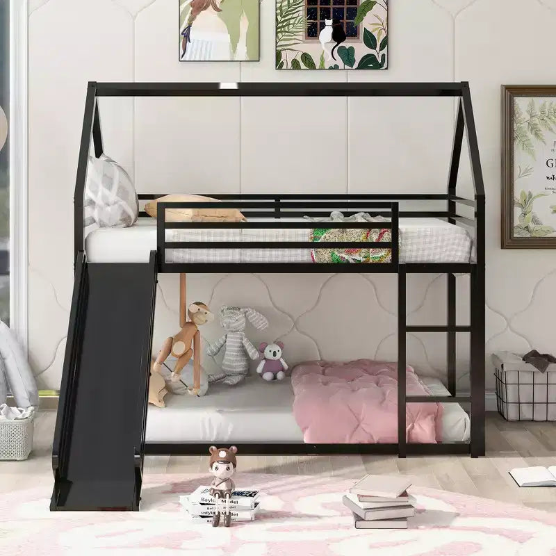 Bellemave Twin over Twin Bunk Bed with Slide & Ladder, Black Metal House-Style Bed for Kids, Safe & Sturdy Playhouse Loft Bed
