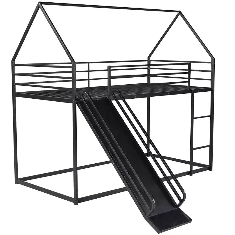 Bellemave Twin over Twin Bunk Bed with Slide & Ladder, Black Metal House-Style Bed for Kids, Safe & Sturdy Playhouse Loft Bed