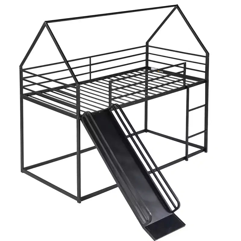 Bellemave Twin over Twin Bunk Bed with Slide & Ladder, Black Metal House-Style Bed for Kids, Safe & Sturdy Playhouse Loft Bed