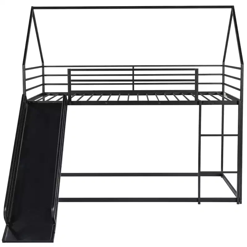 Bellemave Twin over Twin Bunk Bed with Slide & Ladder, Black Metal House-Style Bed for Kids, Safe & Sturdy Playhouse Loft Bed