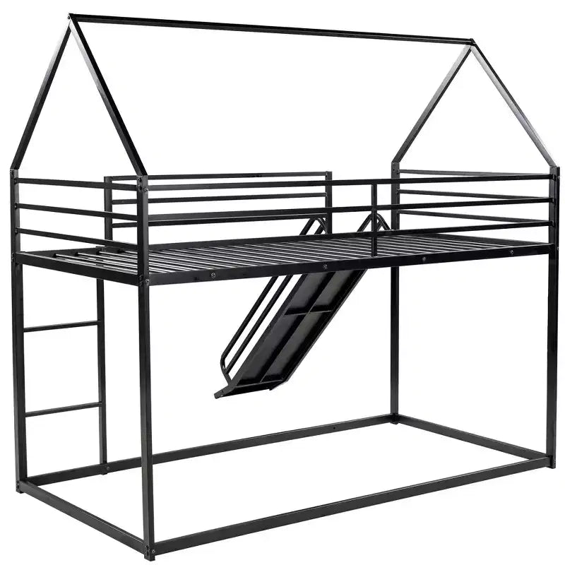 Bellemave Twin over Twin Bunk Bed with Slide & Ladder, Black Metal House-Style Bed for Kids, Safe & Sturdy Playhouse Loft Bed