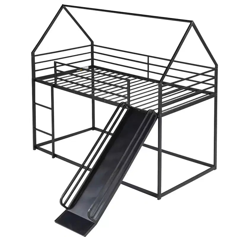 Bellemave Twin over Twin Bunk Bed with Slide & Ladder, Black Metal House-Style Bed for Kids, Safe & Sturdy Playhouse Loft Bed