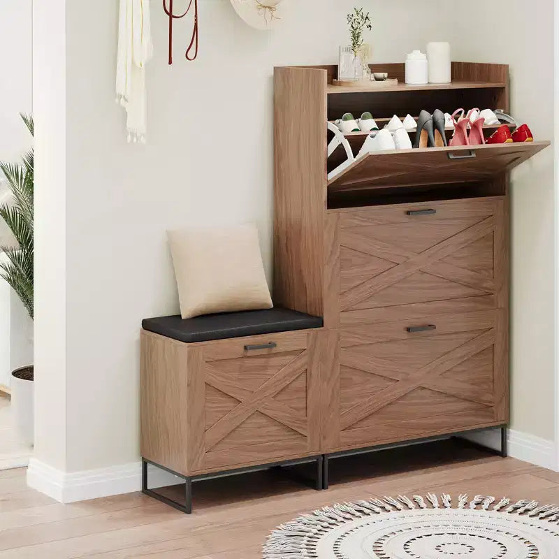 Bench with 4 flip-up drawers and padded seat cushion, Wooden narrow shoe storage rack, Suitable for living room entryway bench