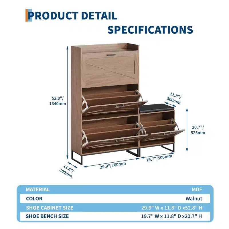 Bench with 4 flip-up drawers and padded seat cushion, Wooden narrow shoe storage rack, Suitable for living room entryway bench