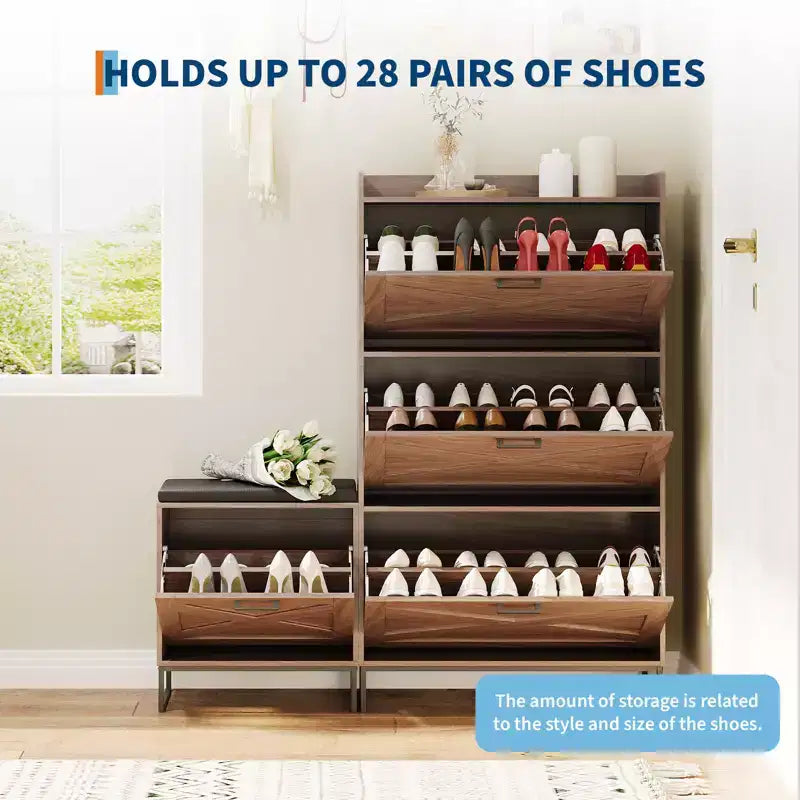 Bench with 4 flip-up drawers and padded seat cushion, Wooden narrow shoe storage rack, Suitable for living room entryway bench