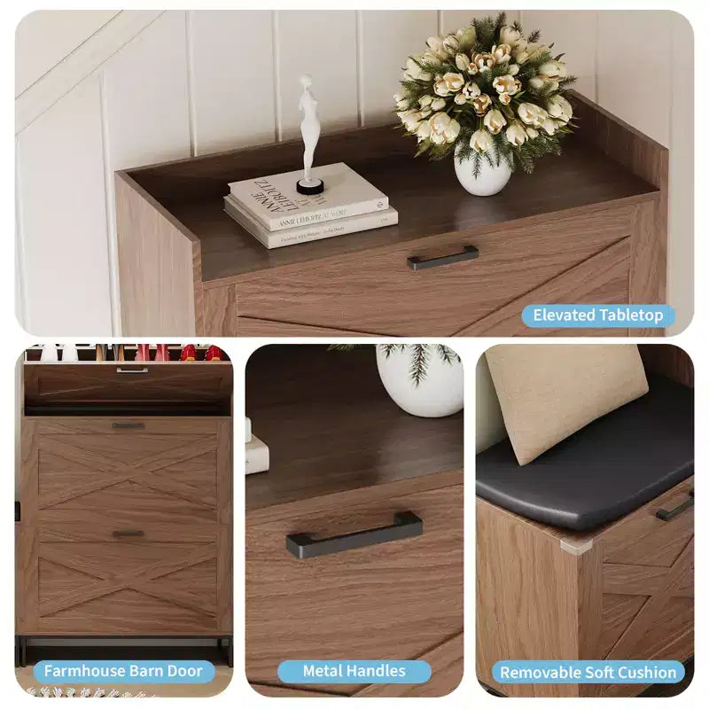 Bench with 4 flip-up drawers and padded seat cushion, Wooden narrow shoe storage rack, Suitable for living room entryway bench