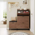 Bench with 4 flip-up drawers and padded seat cushion, Wooden narrow shoe storage rack, Suitable for living room entryway bench